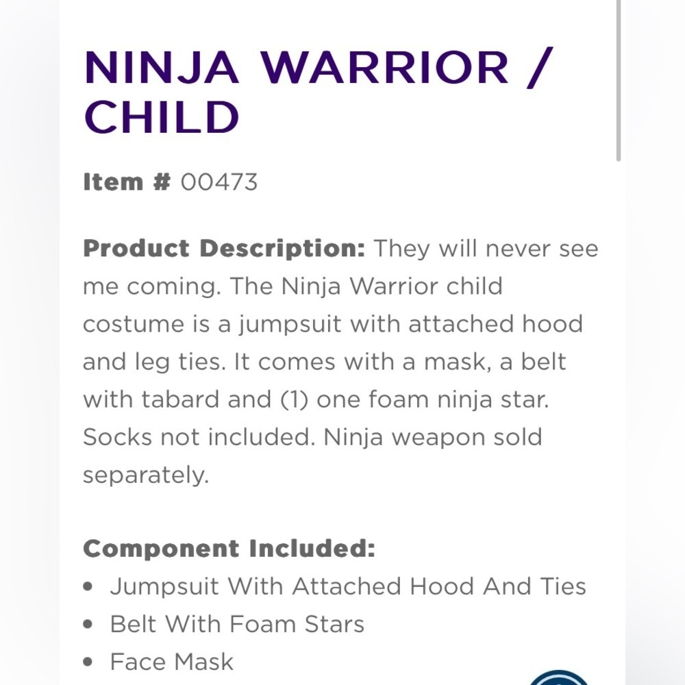 CALIFORNIA COSTUMES  NINJA WARRIOR - NEW - LARGE CHILD COSTUME - Picture 2 of 5